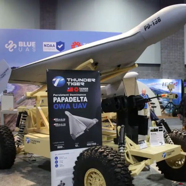 Thunder Tiger's PD-136 one-way attack drone was displayed at AUSA 2026 in Washington, designed for long-range strike missions with a reported 500 km range and a stamped aluminum airframe intended for mass production. ( Picture Source: Army Recognition)