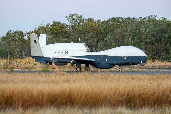 A Royal Australian Air Force MQ-4C Triton taxies at RAAF Base Tindal in Australia’s Northern Territory, where the long-endurance unmanned aircraft now supports persistent Indo-Pacific maritime surveillance following the declaration of Initial Operational Capability.