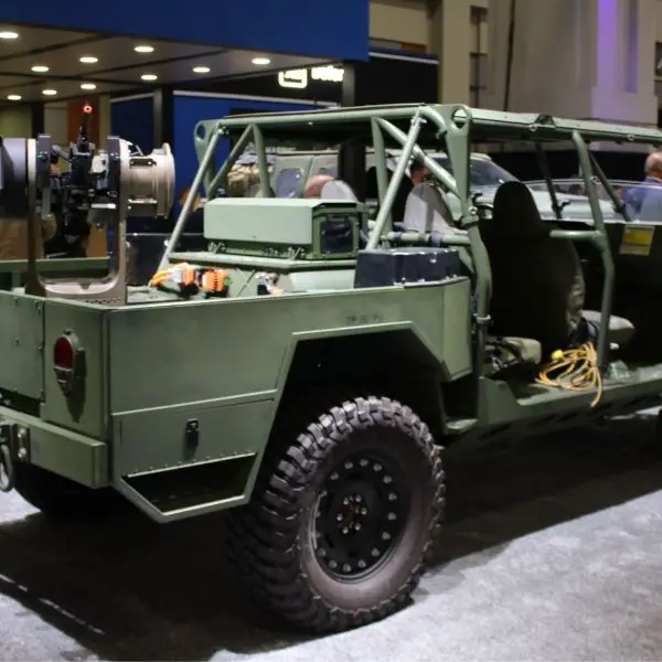 GM Defense's autonomous ISV-U, equipped with the Bullfrog counter-drone weapon station and Scout AI navigation system, is displayed at AUSA 2026 in Washington, D.C., combining troop transport capabilities with mobile protection against aerial threats. (Picture source: Army Recognition)