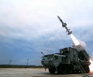 The U.S. Navy Harpoon Coastal Defense System (HCDS) fires a land-based Harpoon anti-ship missile during Developmental Test 1 (DT-1) at Point Mugu Sea Range in California in July 2026, validating its ability to engage maritime targets in littoral waters. (Photo courtesy of Boeing)