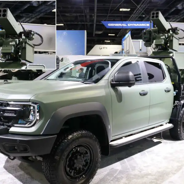 General Dynamics Land Systems’ proposed M-SHORAD Increment 4 system displayed on a Ford Ranger at AUSA 2026, combining a 7.62 mm chain gun, APKWS guided-rocket capability and Echodyne radars on MSI Defense Solutions’ modular mounting deck for short-range air defense and counter-drone missions. (Picture source: Army Recognition Group)