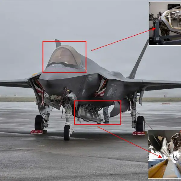 The F-35A’s cockpit canopy sits above the forward fuselage, while its internal weapons-bay doors are located beneath the aircraft. Both areas contribute to the fighter’s low-observable configuration, with the diverted Australian components reportedly carrying radar-absorbing material.