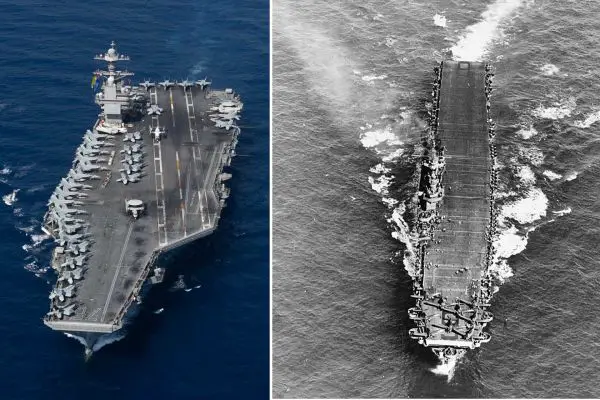 The USS Gerald R. Ford (CVN-78) places its island much farther aft so more aircraft can be parked and moved directly toward the catapults without interfering with landings, whereas USS Enterprise (CV-6)'s amidships island suited a WWII straight flight deck where launching and landing aircraft largely occurred one after the other rather than simultaneously. (Picture source: US Navy)