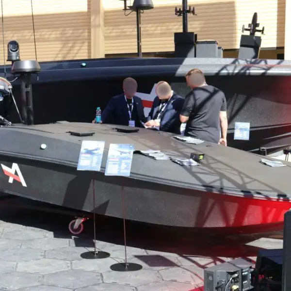 A2 Harpun catamaran unmanned surface vessel was presented by Polish company ALA.COM at MSPO 2026 in Kielce for maritime surveillance, infrastructure protection, and one-way strike missions. (Picture source: Army Recognition)