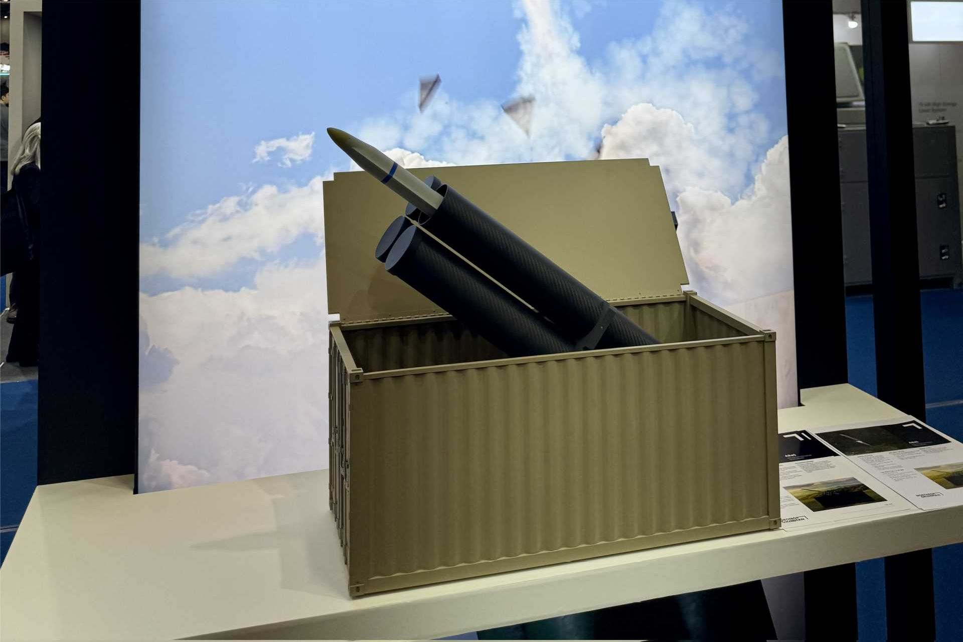 Scale model of Northrop Grumman’s AReS containerized missile launcher displayed at ADEX 2025, illustrating the ground-based deployment concept for the AGM-88G AARGM-ER.
