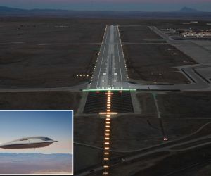 Airfield lights are powered on and tested during runway upgrades at Ellsworth Air Force Base, South Dakota, on November 26, 2025, as the U.S. Air Force advances infrastructure work to prepare the base for the B-21 Raider’s first operational deployment in 2027.
