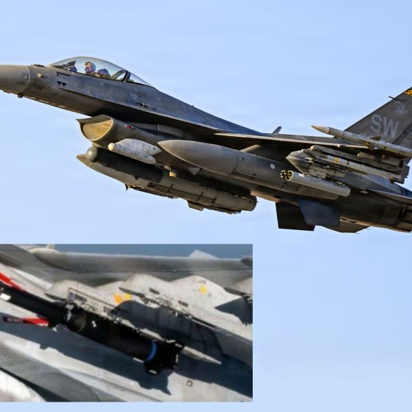 The U.S. Air Force is advancing F-16 integration work for Castelion’s Blackbeard hypersonic missile, potentially giving the widely deployed fighter a new long-range, high-speed standoff strike capability. The inset at lower left shows Blackbeard during developmental integration testing on an F/A-18E/F Super Hornet. (Picture Sources: U.S. Air Force / U.S. Navy)