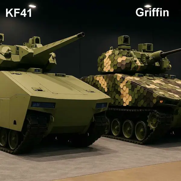 The American Rheinmetall Vehicles Lynx KF41 (left) and General Dynamics Land Systems Griffin III (right), the two competing prototypes selected by the U.S. Army for the XM30 Mechanized Infantry Combat Vehicle program, aimed at replacing the legacy M2 Bradley in frontline mechanized units.