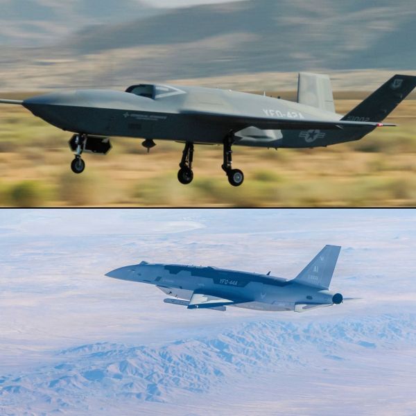 The General Atomics YFQ-42A top and Anduril YFQ-44A Fury bottom are the two Collaborative Combat Aircraft selected for the U.S. Air Force CCA Increment 1 program and are now entering operational experimentation. (Picture source: US DoD)