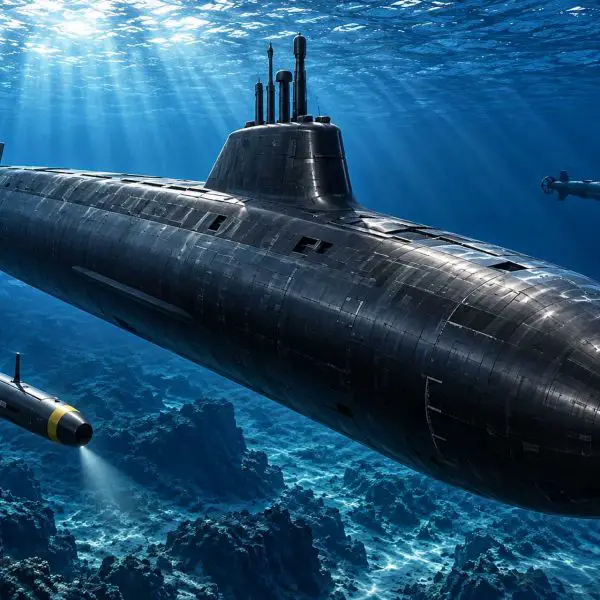 AI-generated artist’s impression of the U.S. Navy’s future SSN(X) next-generation nuclear-powered attack submarine operating alongside unmanned underwater vehicles. The SSN(X) program aims to develop a faster, stealthier and more heavily armed successor to the Virginia class. The illustration is conceptual and does not represent the submarine’s final design. (Picture source: AI-generated image / Army Recognition)