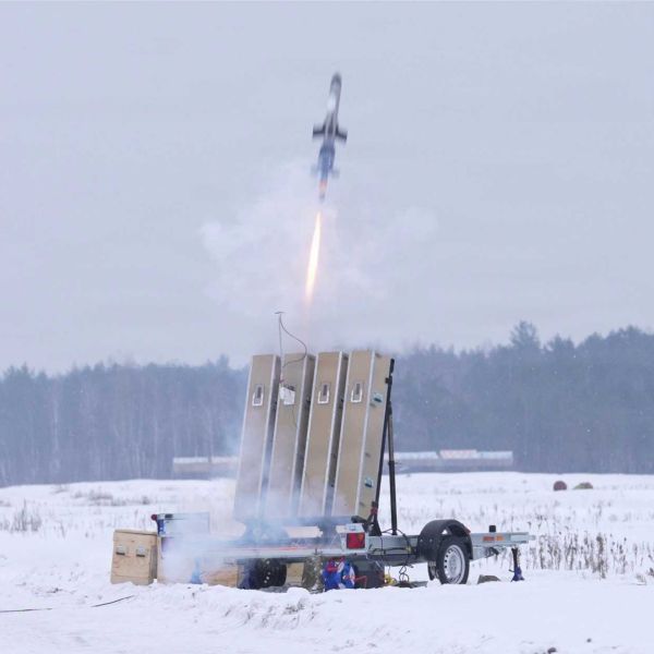 An IonStrike counter-UAS interceptor launches from a multi-cell launcher during Project Bullfrog testing on February 4, 2026, at an undisclosed location in Europe, demonstrating a new low-cost kinetic defense capability against one-way attack drones.