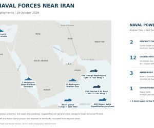 U.S. Navy deployments reported on October 19, 2026, include two aircraft carriers, 12 guided-missile destroyers, three amphibious ships and an expeditionary sea base across the Arabian Sea and Red Sea, with four additional destroyers in the Mediterranean. Symbols indicate regional presence, not exact ship positions. Source: USNI News.