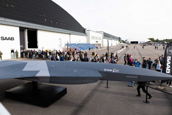 Swedish Company Saab unveils the A3-001, a full-scale concept for a future autonomous combat aircraft designed to operate alongside Gripen fighters in contested airspace.