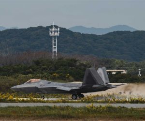 A U.S. Air Force F-22 Raptor from the 525th Expeditionary Fighter Squadron, deployed from Joint Base Elmendorf-Richardson, Alaska, lands at Tsuiki Air Base, Japan, during Exercise Keen Sword 27 on October 19, 2026. The deployment expands operating options for U.S. stealth fighters beyond Kadena. (Picture source: U.S. Department of War/Defense)