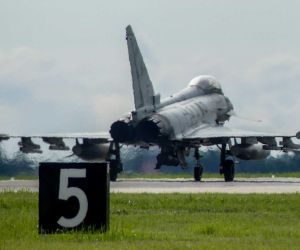 An Italian Air Force Eurofighter F-2000 Typhoon fighter jet launches from Šiauliai Air Base in Lithuania during NATO's Baltic Air Policing mission after receiving a Quick Reaction Alert order to intercept two Russian military aircraft over the Baltic Sea on August 3, 2026. (Picture source: Italian Ministry of Defence)