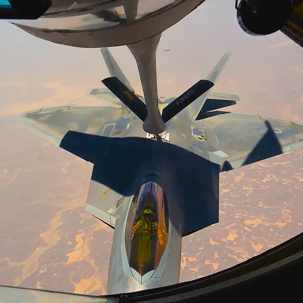U.S. Central Command footage of an F-22 Raptor refueling from a KC-135 over the Middle East highlights the Air Force’s ability to sustain stealth airpower during extended operations in a contested region (Picture Source: U.S. Central Command)