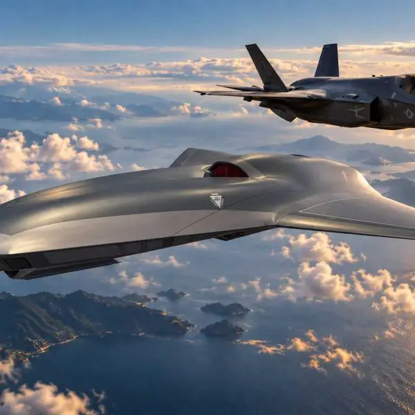 AI-generated image of Lockheed Martin’s Vectis, a subsonic collaborative combat aircraft being developed to operate independently or alongside crewed fighters such as the F-35 in future high-intensity air operations.