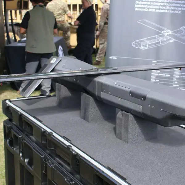 Skyhammer drone interceptor was displayed by the British Army at DVD 2026 as the system targets low-cost defense against one-way attack drones. (Picture source: Army Recognition Group)