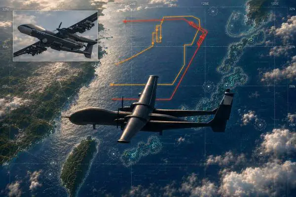 Japan scrambled fighter jets after a Chinese Y-9 intelligence aircraft and TB-001 reconnaissance and attack drone operated along the East China Sea approaches to Okinawa, underscoring Beijing’s growing use of complementary manned and unmanned surveillance capabilities around the Ryukyu Islands (Picture Source: Japanese MoD/ Edited By Army Recognition Group)