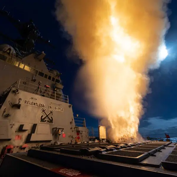 A U.S. Navy SM-3 Block IIA ballistic missile interceptor launches from the Arleigh Burke-class guided-missile destroyer USS McCampbell (DDG 85) off Hawaii during Flight Test Other-23 on February 8, 2024, demonstrating the ship’s Aegis ballistic missile defense capability.
