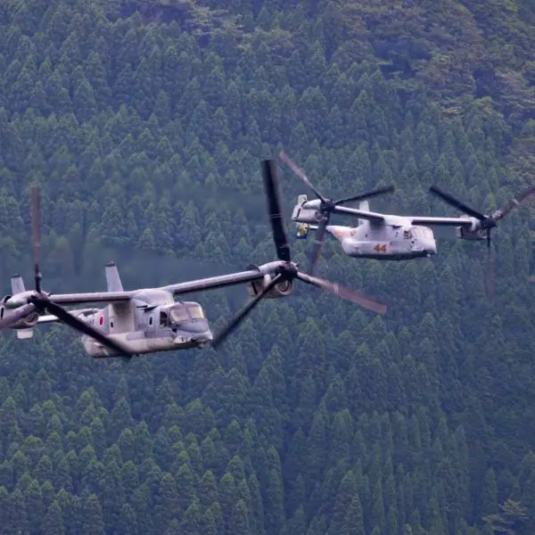 A U.S. Marine Corps MV-22B and Japanese V-22 Osprey flew together during Resolute Dragon 26, showcasing stronger allied mobility and maritime defense cooperation in the Indo-Pacific (Picture Source: U.S. Marine Corps)