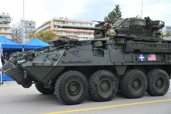 A U.S. Army M1296 Stryker Dragoon 8x8 armored vehicle equipped with a 30 mm automatic cannon participates in Greece's national military parade in Thessaloniki on October 28, 2026, ahead of a planned transfer of Stryker vehicles to the Hellenic Army. (Picture source: Greek Ministry of National Defence)