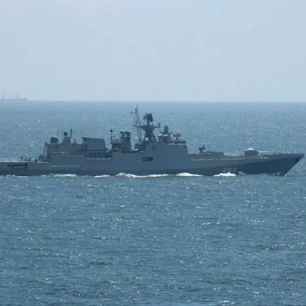 On June 16, 2026, the Russian Navy frigate Admiral Grigorovich fired 4 to 5 rounds of warning small-arms fire during an encounter with the 12-meter British sailing yacht Bright Future in the English Channel. (Picture source: Telegram/Russian Navy)