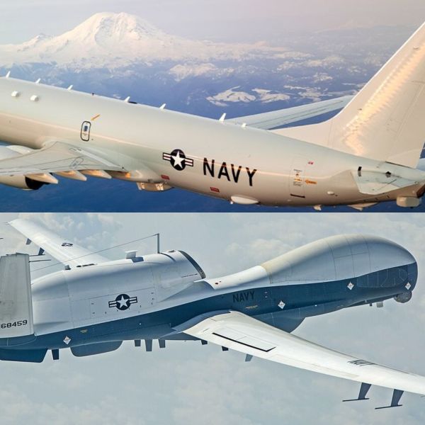 A U.S. Navy P-8A Poseidon maritime patrol aircraft and an MQ-4C Triton unmanned surveillance aircraft. (Picture source: Boeing/Northrop Grumman )