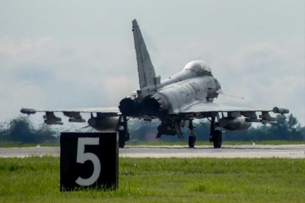 An Italian Air Force Eurofighter F-2000 Typhoon fighter jet launches from Šiauliai Air Base in Lithuania during NATO's Baltic Air Policing mission after receiving a Quick Reaction Alert order to intercept two Russian military aircraft over the Baltic Sea on August 3, 2026. (Picture source: Italian Ministry of Defence)
