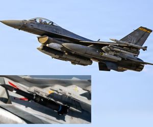 The U.S. Air Force is advancing F-16 integration work for Castelion’s Blackbeard hypersonic missile, potentially giving the widely deployed fighter a new long-range, high-speed standoff strike capability. The inset at lower left shows Blackbeard during developmental integration testing on an F/A-18E/F Super Hornet. (Picture Sources: U.S. Air Force / U.S. Navy)