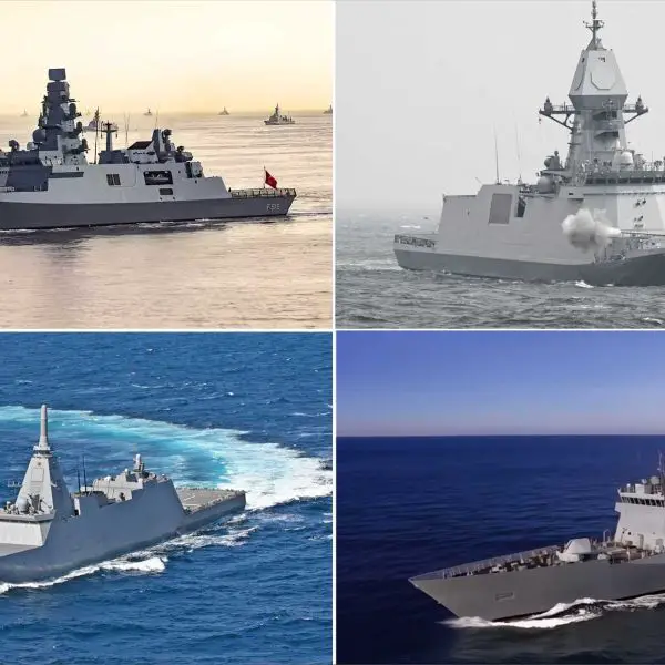 The three foreign frigate designs being considered by the U.S. Navy are Türkiye’s Istanbul-class (top left), South Korea’s Chungnam-class (top right), and Japan’s Mogami-class (bottom left), and would complement the domestically built FF(X) program (bottom right). (Picture source: STM, X/mason_8718, Japan MoD, US DoD)