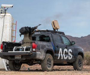 The ACS Bullfrog M240 counter-UAS weapon system fires at drone targets during Exercise Falcon Peak at Cibola Range, Joint Experimental Range Complex 2, Yuma Proving Ground, Arizona, on September 9, 2026.