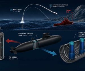 Official Japan Ministry of Defense rendering, reworked and edited by Army Recognition, showing a submarine equipped with a vertical launch system as Japan moves toward underwater-launched long-range and hypersonic strike capabilities (Picture Source: Japanese MOD / Edited By Army Recognition Group)