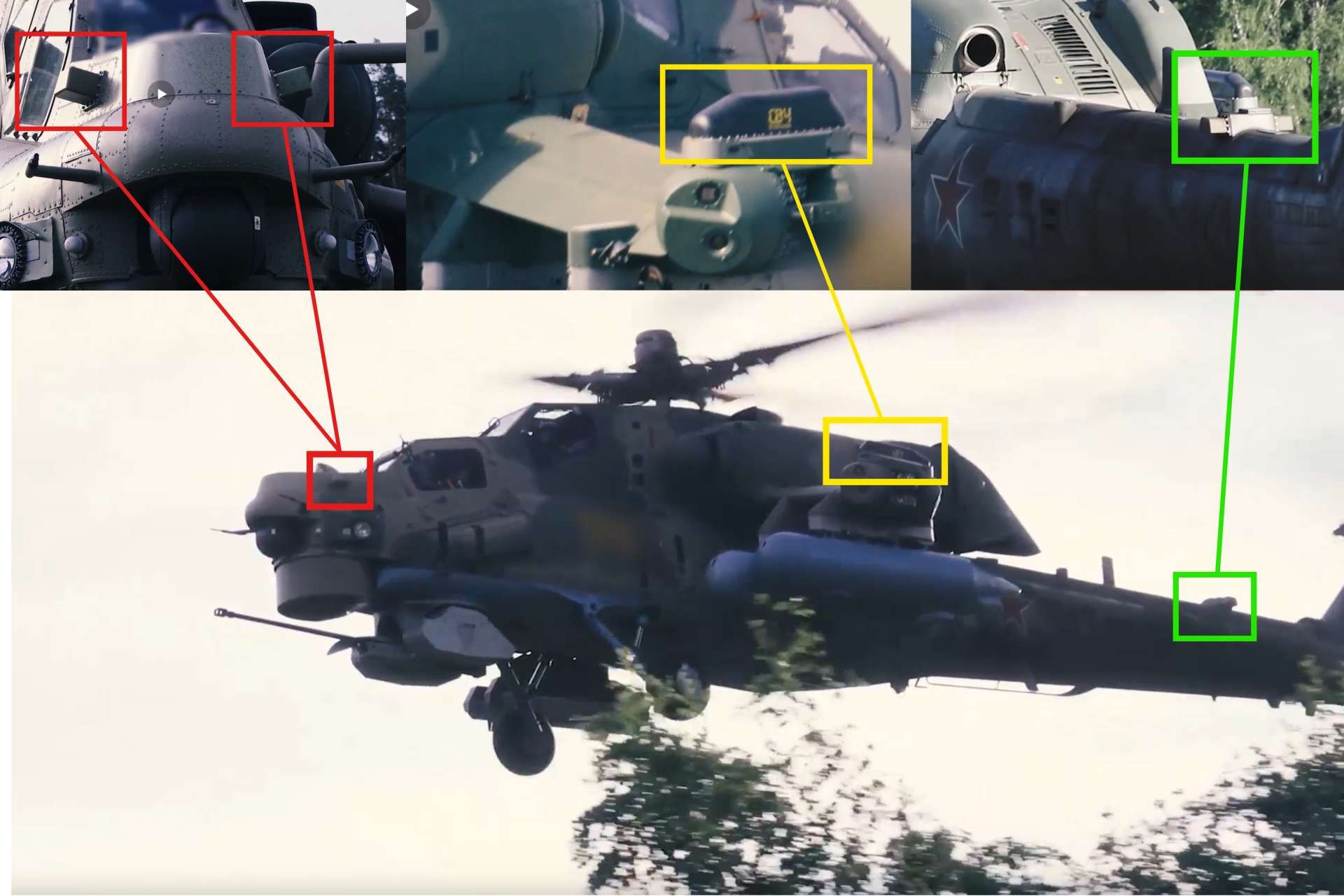 Russian Mi-28NM attack helicopter footage shows possible new counter-drone electronic warfare antenna housings, suggesting Russia is adapting rotary-wing aircraft for survivability in Ukraine’s drone-heavy battlefield (Picture Source: Russian MoD / Edited by Army Recognition Group)